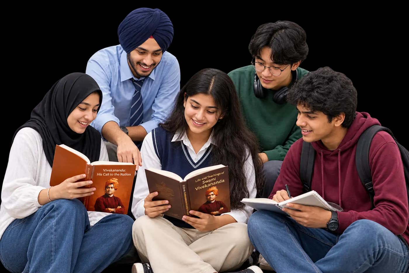 Students reading Swami Vivekananda’s books together.